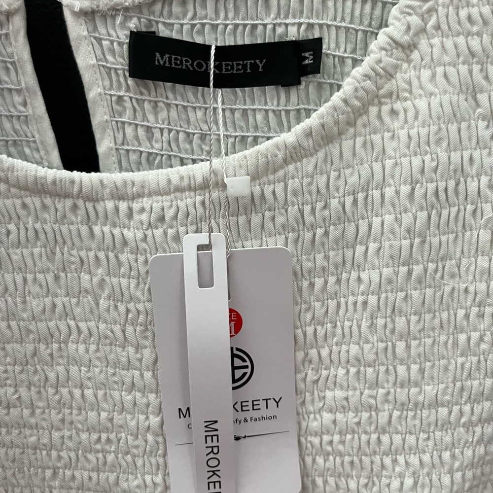 MEROKEETY Flutter Short Sleeve Smocked White Midi Dress